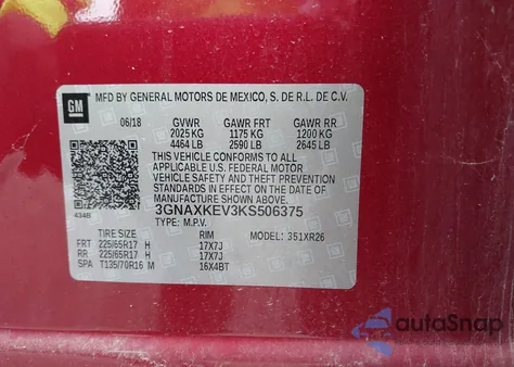 2019 Chevrolet Equinox Lt z USA, uszkodzony, nr VIN 3GNAXKEV3KS506375